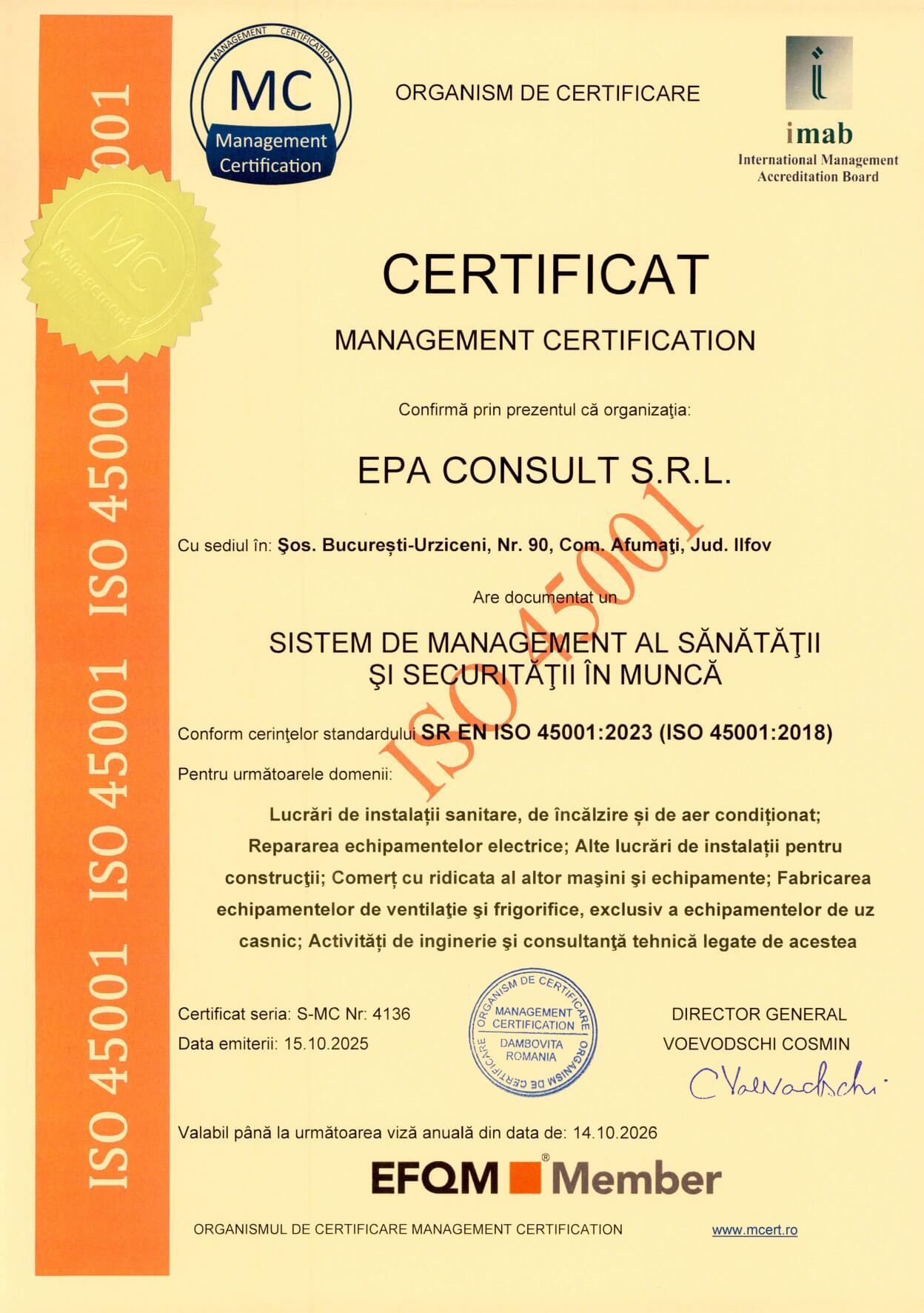 Certificat ISO 45001 EPA Consult